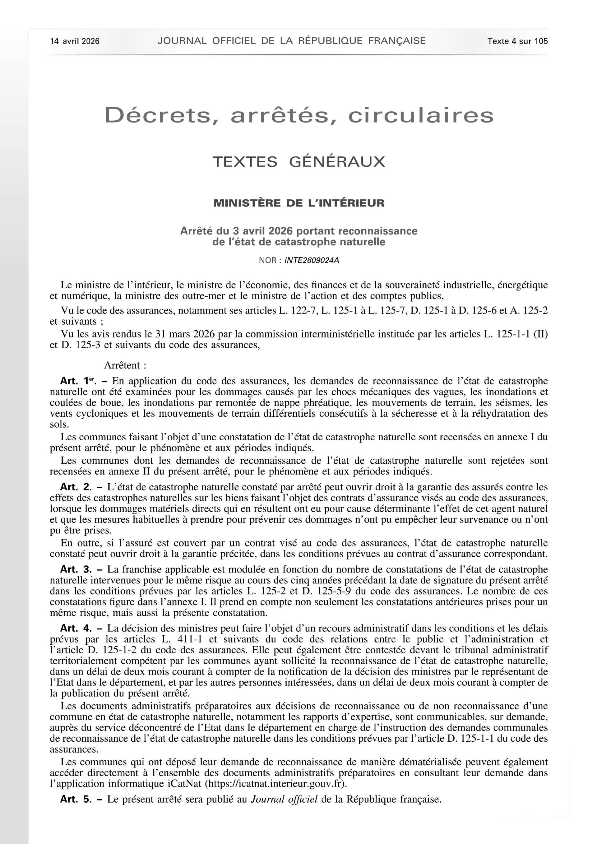 Extrait de l'arrêté interministériel du 3 avril 2026 - 1